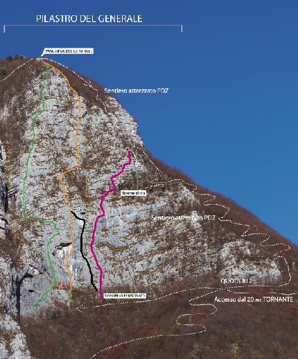 Monte Pubel, Valsugana, Francesco Leardi, Fausto Maragno, Jimmy Rizzo - Il gioco degli equilibri al Monte Pubel in Valsugana. In nero il tracciato della via