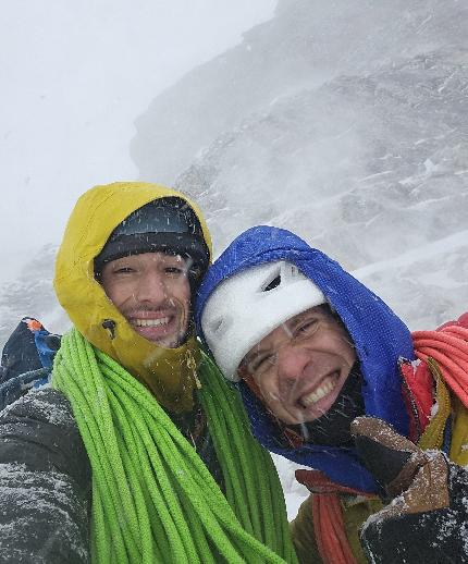 Cima Falkner, Brenta Dolomites, Federico Asciolla, Enrico Lovato - Enrico Lovato and Federico Asciolla making the first ascent of 'Il Cigno Nero' on Cima Falkner in the Brenta Dolomites on 05/01/2024