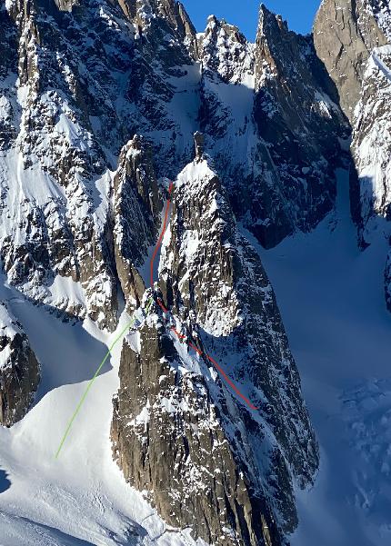 Capucin du Requin, Mont Blanc, Laurent Bibollet, Sam Favret, Julien Herry - The line of 'Un couloir sans fin' on Capucin du Requin in the Mont Blanc massif (Laurent Bibollet, Sam Favret, Julien Herry 14/01/2024)