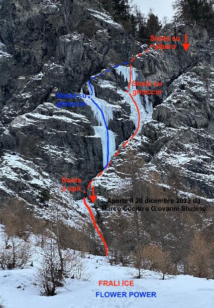 Valle Argentera, Marco Cocito, Giovanni Stupino - Le cascate di ghiaccio 'Frali Ice' (130m WI5+) e 'Flower power' (130m WI5) in Valle Argentera (Val Susa, Piemonte) salite il Il 20/12/2023 da Marco Cocito e Giovanni Stupino