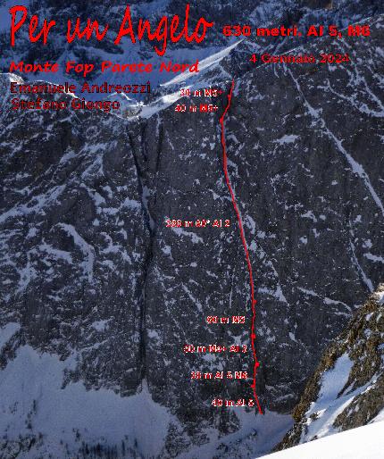 Monte Fop, Dolomiti, Emanuele Andreozzi, Stefano Giongo - La relazione di 'Per un Angelo' sulla parete nord del Monte Fop in Val Ombretta, Marmolada, Dolomiti (Emanuele Andreozzi, Stefano Giongo 04/01/2024)