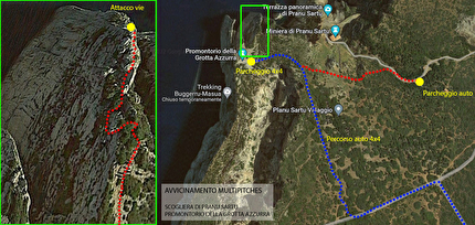 Pranu Sartu, Buggerru, Sardegna, Arianna Fiorino, Anna Marabelli, Andrea Porru, Francesco Pittau - Mappa di avvicinamento alle vie sul promontorio della Grotta Azzurra di Buggerru in Sardegna, per la via 'Sole all'improvviso'