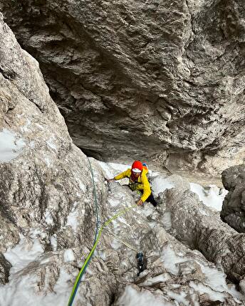 Elferkofel, Sexten Dolomites, Samuel Holzknecht, Simon Messner, Cesare Olivetti - The first ascent of 'La Penultima' on Elferkofel, Sexten Dolomites (Samuel Holzknecht, Simon Messner, Cesare Olivetti 12/2023 & 01/2024)