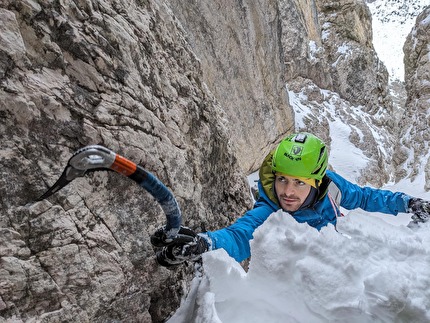 Elferkofel, Sexten Dolomites, Samuel Holzknecht, Simon Messner, Cesare Olivetti - The first ascent of 'La Penultima' on Elferkofel, Sexten Dolomites (Samuel Holzknecht, Simon Messner, Cesare Olivetti 12/2023 & 01/2024)