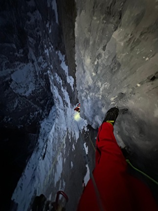 Agner, Dolomiti, Simon Gietl, Lukas Hinterberger, Michael Wohlleben - La salita di 'Ultima perla' ground-up sull'Agner, Dolomiti (Simon Gietl, Lukas Hinterberger, Michi Wohlleben 27-29/12/2023)