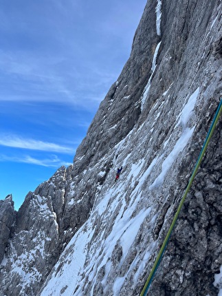 Agner, Dolomiti, Simon Gietl, Lukas Hinterberger, Michael Wohlleben - La salita di 'Ultima perla' ground-up sull'Agner, Dolomiti (Simon Gietl, Lukas Hinterberger, Michi Wohlleben 27-29/12/2023)