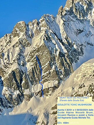 Mont Noir de Peutérey, Mont Blanc, Niccolò Bruni, Giovanni Ravizza, Michele Tixi - The topo of 'Goulotte Toxic Mushroom' on Mont Noir de Peutérey (Niccolò Bruni, Giovanni Ravizza, Michele Tixi 30/01 & 06/02/2024)