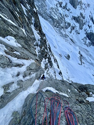 Mont Noir de Peutérey, Mont Blanc, Niccolò Bruni, Giovanni Ravizza, Michele Tixi - The first ascent of 'Goulotte Toxic Mushroom' on Mont Noir de Peutérey (Niccolò Bruni, Giovanni Ravizza, Michele Tixi 30/01 & 06/02/2024)