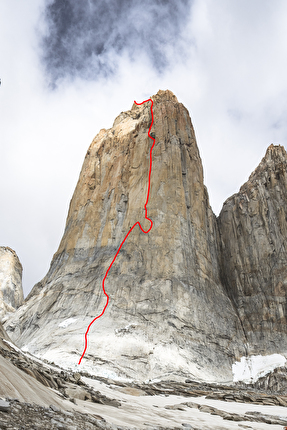 Riders on the Storm, Torres del Paine, Patagonia, Nico Favresse, Siebe Vanhee, Sean Villanueva O’Driscoll, Drew Smith - The route line of 'Riders on the Storm' on the Central Tower of Torres del Paine, Patagonia, first climbed in 1991 by the Germans Norbert Bätz, Peter Dittrich, Bernd Arnold, Wolfgang Güllich and Kurt Albert, it was finally climbed free in 2024 by Nico Favresse, Siebe Vanhee, Sean Villanueva O’Driscoll and Drew Smith