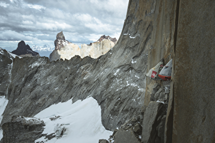 Riders on the Storm, Torres del Paine, Patagonia, Nico Favresse, Siebe Vanhee, Sean Villanueva O’Driscoll, Drew Smith - Nico Favresse, Siebe Vanhee, Sean Villanueva O’Driscoll and Drew Smith in their portaledge camp during the first free ascent of 'Riders on the Storm', Torred del Paine, Patagonia, January/February 2024