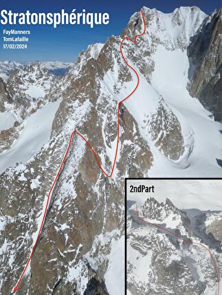 Aiguille d’Argentière, Arête Charlet Straton, Tom Lafaille, Fay Manners - Making the first ski descent of Stratonspherique on Aiguille d’Argentière (Tom Lafaille, Fay Manners 17/02/2024