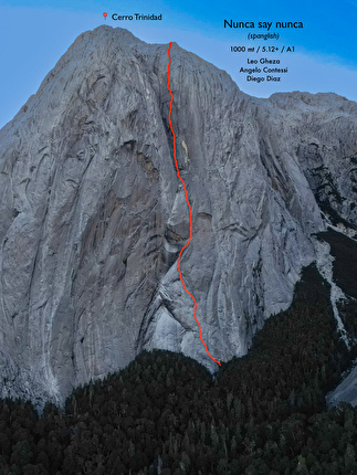 Valle Cochamò, Cile, Cerro Trinidad Central, Angelo Contessi, Diego Diaz, Leo Gheza - Il tracciato della via 'Nunca say Nunca' sul Cerro Trinidad Central, Valle Cochamò, Cile (Angelo Contessi, Diego Diaz, Leo Gheza 02/2024)