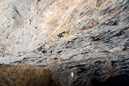 Val Scura, Vette Feltrine, Dolomiti, Nicolò Geremia, Mirco Grasso, Francesco Rigon - Nicolò Geremia, Mirco Grasso e Francesco Rigon durante la prima libera di 'Andamento Lento' in Valscura (Vette Feltrine, Dolomiti)