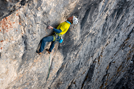 Val Scura, Vette Feltrine, Dolomiti, Nicolò Geremia, Mirco Grasso, Francesco Rigon - Nicolò Geremia durante la prima libera di 'Andamento Lento' in Valscura (Vette Feltrine, Dolomiti)