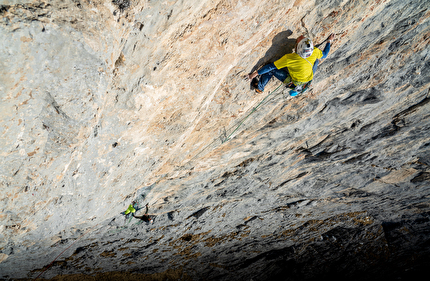 Val Scura, Vette Feltrine, Dolomiti, Nicolò Geremia, Mirco Grasso, Francesco Rigon - Nicolò Geremia durante la prima libera di 'Andamento Lento' in Valscura (Vette Feltrine, Dolomiti)