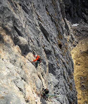 Val Scura, Vette Feltrine, Dolomiti, Nicolò Geremia, Mirco Grasso, Francesco Rigon - Francesco Rigon durante la prima libera di 'Andamento Lento' in Valscura (Vette Feltrine, Dolomiti)