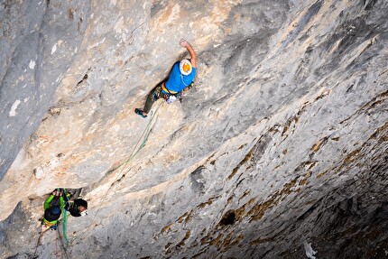 Val Scura, Vette Feltrine, Dolomiti, Nicolò Geremia, Mirco Grasso, Francesco Rigon - Mirco Grasso, Nicolò Geremia e Francesco Rigon durante la prima libera di 'Andamento Lento' in Valscura (Vette Feltrine, Dolomiti)