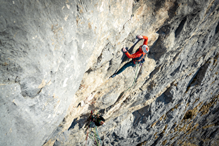 Val Scura, Vette Feltrine, Dolomiti, Nicolò Geremia, Mirco Grasso, Francesco Rigon - Francesco Rigon durante la prima libera di 'Andamento Lento' in Valscura (Vette Feltrine, Dolomiti)