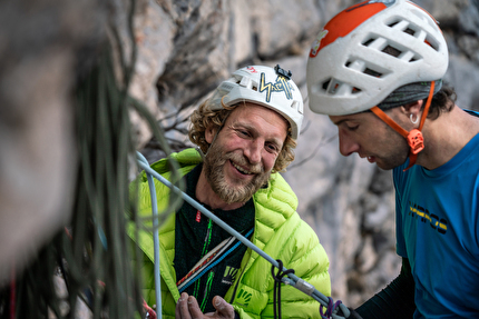 Val Scura, Vette Feltrine, Dolomiti, Nicolò Geremia, Mirco Grasso, Francesco Rigon - Nicolò Geremia e Mirco Grasso durante la prima libera di 'Andamento Lento' in Valscura (Vette Feltrine, Dolomiti)