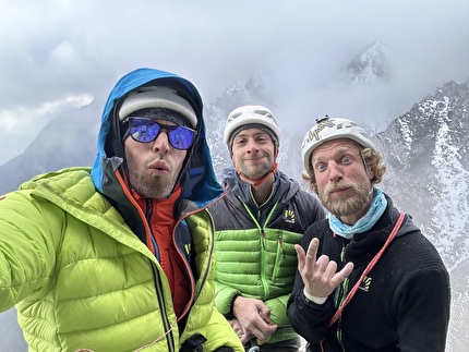 Val Scura, Vette Feltrine, Dolomiti, Nicolò Geremia, Mirco Grasso, Francesco Rigon - Francesco Rigon, Mirco Grasso e Nicolò Geremia durante la prima libera di 'Andamento Lento' in Valscura (Vette Feltrine, Dolomiti)