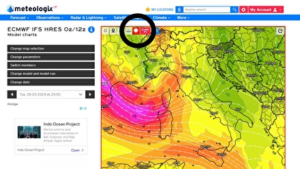 Vento in montagna - Dal sito meteologix.com; possibilità di visualizzazione dei radiosondaggi simulati, cliccando sul simbolo e successivamente sul punto di interesse nella mappa.