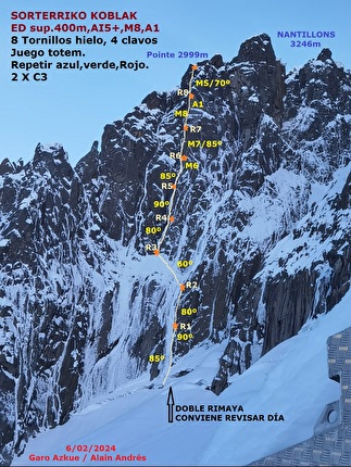 Pointe de Nantillons, Mont Blanc, Alain Andrés, Garo Azkue - The first ascent of 'Sorterriko Koblak' on Pointe de Nantillons, Mont Blanc massif (Alain Andrés, Garo Azkue 06/02/2024)