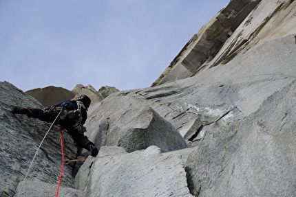 La Espada, Torres del Paine, Patagonia, Sebastian Pelletti, Hernan Rodriguez - Sebastian Pelletti on pitch 9, amazing free climbing through a series of dihedrals while establishing 'Arma de doble filo' on La Espada, Torres del Paine, Patagonia (Sebastian Pelletti, Hernan Rodriguez 24-25/02/2024)