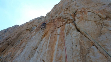 Monaco di Clausura, San Vito Lo Capo - Fabio Failla and Luigi Filocamo during the first ascent of Monaco di Clausura  (5 pitches, 6c max, 6b+ oblig), Pizzo Monaco, San Vito Lo Capo, Sicily.