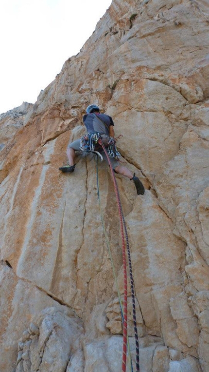 Monaco di Clausura, San Vito Lo Capo - Fabio Failla and Luigi Filocamo during the first ascent of Monaco di Clausura  (5 pitches, 6c max, 6b+ oblig), Pizzo Monaco, San Vito Lo Capo, Sicily.