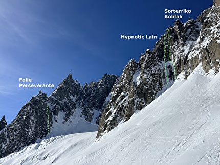 Capucin du Requin, Envers des Aiguilles, Monte Bianco, Valérie Dupont, Oliver Gajewski, Santiago Padrós - Envers des Aiguilles, Monte Bianco e le vie  'Folie Perseverante' al Capucin du Requin (Valérie Dupont, Oliver Gajewski, Santiago Padrós 24-25/02/2024), 'Hypnotic Lain' (Oliver Gajewski, Santiago Padròs) e 'Sorterriko Koblak' (Alain Andrés, Garo Azkue 06/02/2024) su Pointes de Nantillons