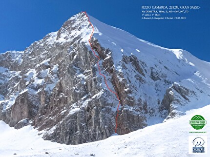 Pizzo di Camarda, Luca Gasparini, Cristiano Iurisci, Gianluigi Ranieri - Il tracciato della via di misto 'Demetra' sulla nord del Pizzo di Camarda (Luca Gasparini, Cristiano Iurisci, Gianluigi Ranieri 23/03/2024)