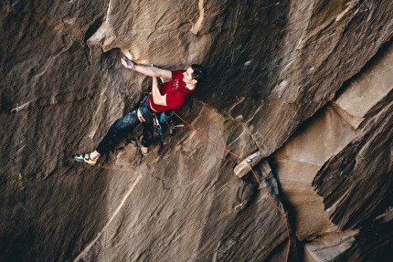 Adam Ondra Bon Voyage - Adam Ondra making the first repeat of 'Bon Voyage' (E12/9a) at Annot in France, February 2024