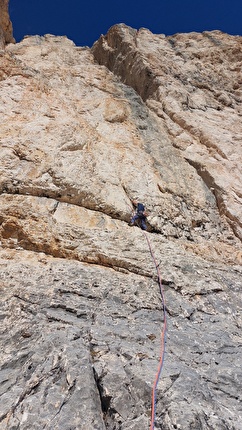 Vajolet Towers, Rosengarten, Dolomites, Luca Giupponi, Marco Fiorentini, Dino Vanzetta - Luca Giupponi making the first ascent of 'Tokyo 2021' on Torre Est, Vajolet Towers, Rosengarten, Dolomites (Luca Giupponi, Marco Fiorentini, Dino Vanzetta)