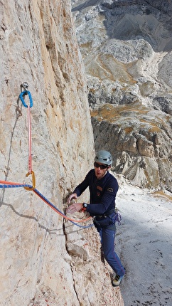 Vajolet Towers, Rosengarten, Dolomites, Luca Giupponi, Marco Fiorentini, Dino Vanzetta - Marco Fiorentini making the first ascent of 'Tokyo 2021' on Torre Est, Vajolet Towers, Rosengarten, Dolomites (Luca Giupponi, Marco Fiorentini, Dino Vanzetta)