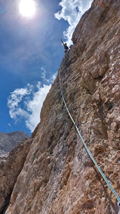 Vajolet Towers, Rosengarten, Dolomites, Luca Giupponi, Marco Fiorentini, Dino Vanzetta - Luca Giupponi making the first ascent of 'Tokyo 2021' on Torre Est, Vajolet Towers, Rosengarten, Dolomites (Luca Giupponi, Marco Fiorentini, Dino Vanzetta)