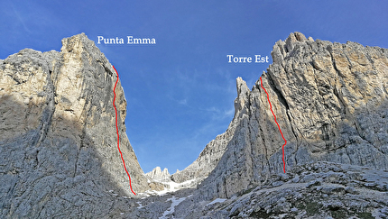 Torri del Vajolet, Catinaccio, Dolomiti, Luca Giupponi, Marco Fiorentini, Dino Vanzetta - Punta Emma e Torre Est, Torri del Vajolet, Catinaccio, Dolomiti