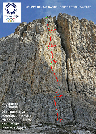 Vajolet Towers, Rosengarten, Dolomites, Luca Giupponi, Marco Fiorentini, Dino Vanzetta - The topo of the route 'Tokyo 2021' on Torre Est, Vajolet Towers, Rosengarten, Dolomites (Luca Giupponi, Marco Fiorentini, Dino Vanzetta)