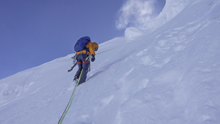Mt. Charles Alaska, Fred Caloggero, Joseph Hobby - Fred Caloggero rappels from the rimed ridge