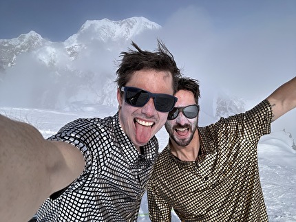 Mt. Charles Alaska, Fred Caloggero, Joseph Hobby - Fred Caloggero and Joseph Hobby, team Disco Ducks, in coinciding attire after completing FA Spectre on Mount Charles, Alaska