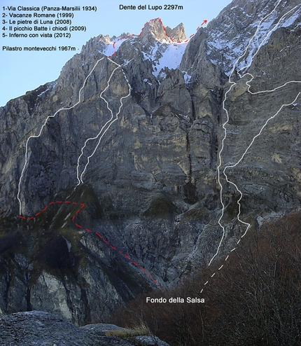 Inferno con vista - Monte Camicia - Inferno con vista, parete N Pilastro Montevecchi al Monte Camicia, 1967m. Apertura: G. Basile, C. Iurisci e S. Supplizi a comando alternato, 19 (e 20 solo discesa) luglio 2012.