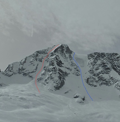 Enrico Lovato - Foto dei tracciati sulla nord della Presanella. Linea rossa: Scivolo nord. Linea blu: Via Detassis (Seracco sx).