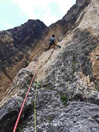 Via Schubert, Piz Ciavazes, Dolomites - Giovanni Canton climbing pitch 1 of 'Via Schubert' on Piz Ciavazes, Dolomites