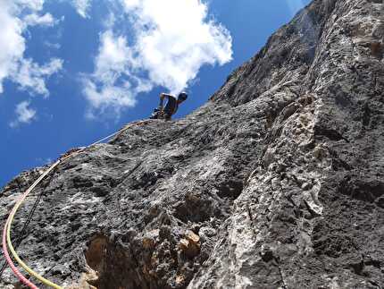 Via Schubert, Piz Ciavazes, Dolomites - Giovanni Canton climbing pitch 5 of 'Via Schubert' on Piz Ciavazes, Dolomites