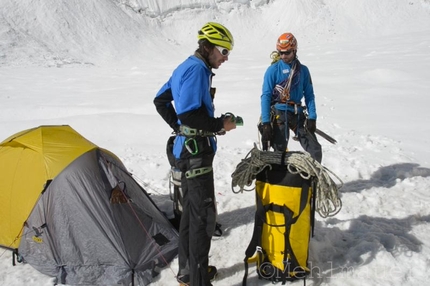 Martin & Florian Riegler - Martin and Florian Riegler gearing up for their Ramadhan (1100m, 9-, A2), Kako Peak (4950m), Karakorum, Pakistan.