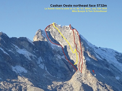 Nevado Cashan Ovest Perù, Mike Bowyer, Tom Schindfessel - Le vie sulla parete NE di Nevado Cashan Oeste in Perù