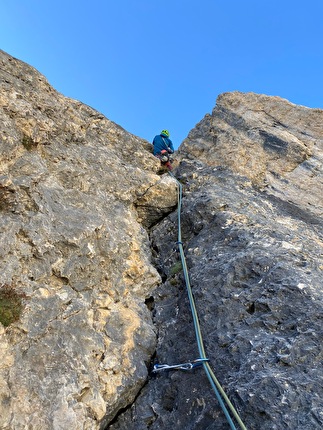 Nasim Eshqi, Sina Heidari - The first ascent of 'Woman, Life, Freedom' on Rosengarten / Catinaccio, Dolomites (Arianna Capra, Nasim Eshqi, Sina Heidari, Gianni Trepin 25/09/2023)