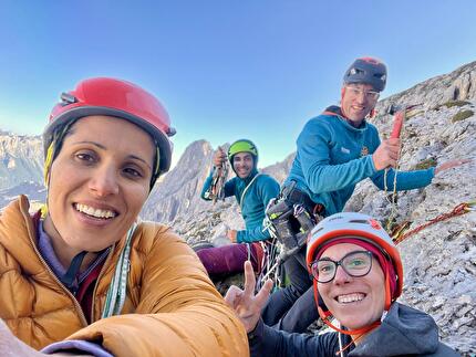 Nasim Eshqi, Sina Heidari - The first ascent of 'Woman, Life, Freedom' on Rosengarten / Catinaccio, Dolomites (Arianna Capra, Nasim Eshqi, Sina Heidari, Gianni Trepin 25/09/2023)