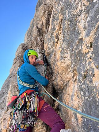 Nasim Eshqi, Sina Heidari - The first ascent of 'Woman, Life, Freedom' on Rosengarten / Catinaccio, Dolomites (Arianna Capra, Nasim Eshqi, Sina Heidari, Gianni Trepin 25/09/2023)