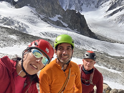 Nasim Eshqi, Sina Heidari - Nasim Eshqi, Sina Heidari and Michel Piola making the first ascent of 'Rise up for human rights' on Le Minaret in the Mont Blanc massif, September 2023