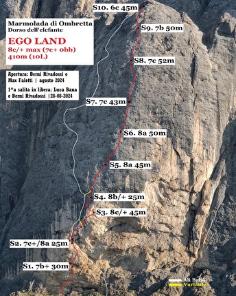 Marmolada, Dolomites, Luca Bana, Massimo Faletti, Bernardo Rivadossi - The route line of 'Ego Land' on the south face of Marmolada, Dolomites (Luca Bana, Massimo Faletti, Bernardo Rivadossi 08/2024)